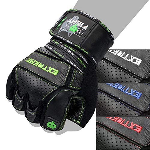 FOX-FIGHT Guantes de fitness de entrenamiento para deportes de fuerza, para hombre y mujer, de piel, con muñequera para entrenamiento de fuerza, levantamiento de pesas extremo, color verde, M