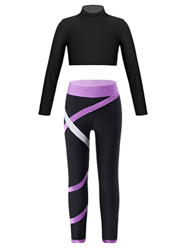 Freebily Conjunto de Deportivos para Niñas Crop Top de Manga Larga y Leggings Elásticos Pantalones Largos de Deporte Ropa de Gimnasia Yoga Fitness 5-14 Años Lavanda 7-8 años