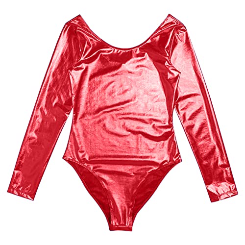 FUREINSTORE Maillot de Danza Ballet Gimnasia Leotardo Body Clásico Elástico para Mujer y Niña de Manga Larga Cuello Redondo (L, Rojo brillante)