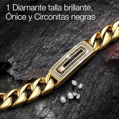 GALERIA DEL COLECCIONISTA. Pulsera de hombre EMPORIO. Acero 316L acabado en Oro de 1ª Ley, 1 Diamante, Circonitas negras y Ónice. Grandes eslabones. Elegante, versátil, grabado exclusivo. 540900673