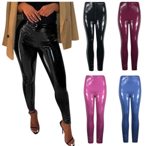 Geagodelia Pantalones de vinilo para mujer de piel sintética casual sexy de cintura alta elegante cálido otoño invierno leggings piel fitness S-XL rojo, Negro , S