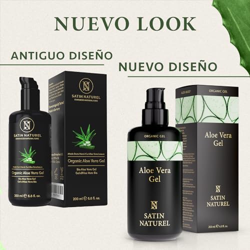 Gel de Aloe Vera Puro 100% VEGANO 200ml - Con Acido Hialuronico - Hidrata, Suaviza y Protege - Piel + Contorno de Ojos + Crema Corporal + Tratamiento Cabello - Satin Naturel
