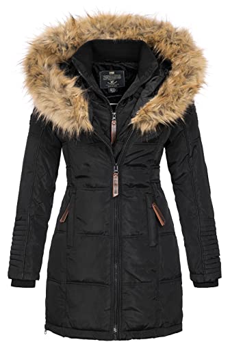 Geographical Norway BEAUTIFUL LADY - Parka cálida - Abrigo grueso con capucha de piel falsa - Chaqueta de invierno - Chaqueta larga con forro cálido - Regalo para mujer Moda casual (Negro L)