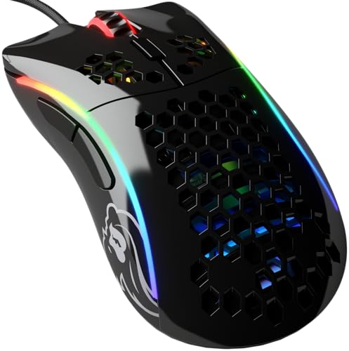 Glorious Gaming Model D- (Pequeño) Ratón gaming con cable - 61 g superligero, diseño colmena, RGB, ergonómico, sensor Pixart 3360, switches de Omron, deslizadores de PTFE, 6 botones - Negro brillante