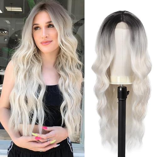Gobesty Peluca para mujer, rubio degradado, pelucas rubias, largas, onduladas, degradadas, color blanco degradado, pelo sintético natural, para mujeres, fiestas, cosplay, uso diario (blanco)