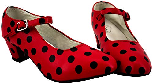 Gojoy shop- Zapato con Tacón de Danza Baile Flamenco o Sevillanas para Niña y Mujer,Contiene : Zapato con Tacón y Mochila de Cuerdas.(Lunares Negro, 29)