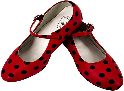 Gojoy shop- Zapato con Tacón de Danza Baile Flamenco o Sevillanas para Niña y Mujer,Contiene : Zapato con Tacón y Mochila de Cuerdas.(Lunares Negro, 29)
