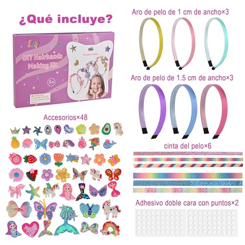 GOLDGE 56pcs DIY Diadema Set para Niñas, 6pcs Diadema para el Pelo, 50pcs Accesorios para Diademas, Set de Accesorios para el Pelo, Regalos para niñas DIY juguetes para 6, 7, 8, 9, 10, 11, 12 Años