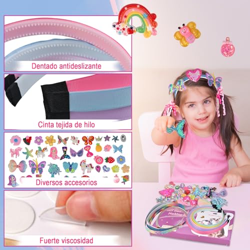 GOLDGE 56pcs DIY Diadema Set para Niñas, 6pcs Diadema para el Pelo, 50pcs Accesorios para Diademas, Set de Accesorios para el Pelo, Regalos para niñas DIY juguetes para 6, 7, 8, 9, 10, 11, 12 Años