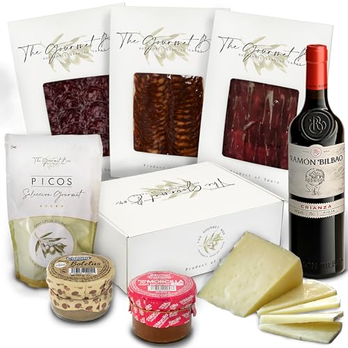 GOURMET BOX | Cesta para Regalar | Jamon Selección Gourmet, Salchichon y Chorizo Iberico de bellota, Queso de Oveja 100%, Patés de Boletus y Morcilla, Picos Artesanos y Vino Ramon Bilbao