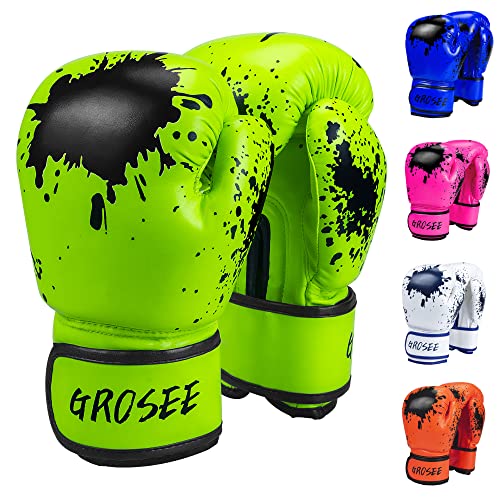 Guantes de boxeo para niños, 6 onzas, 8 onzas, jóvenes, niños y niñas, guantes de entrenamiento para saco de boxeo, kickboxing, Muay Thai, regalo para edades de 6 a 15 años (verde, 6 a 70 libras)