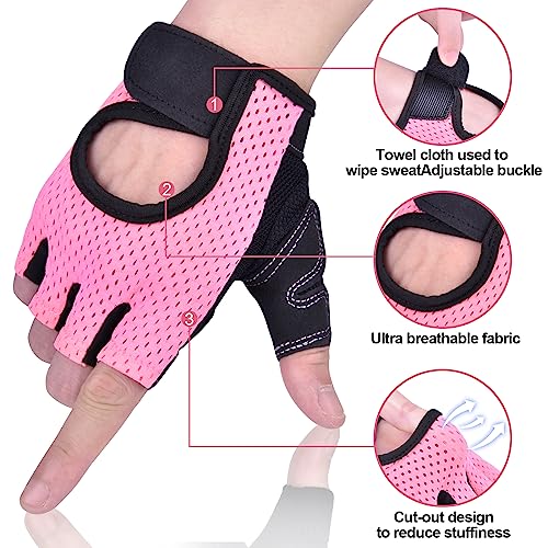 Guantes de Gimnasio Guantes de Fitness Transpirables Guantes de Entrenamiento para Mujer y Hombre Guantes Antideslizante para Pesas Dominadas Guantes de Musculación, Bici Guantes de Medio Dedo，Rosa(M)
