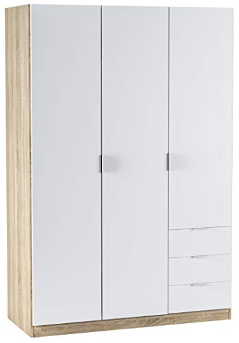 Habitdesign Armario Ropero de Tres Puertas y Tres Cajones, Acabado en Color Roble Canadian y Blanco Artik, Medidas: 121 cm (Ancho) x 180 cm (Alto) x 52 cm (Fondo)
