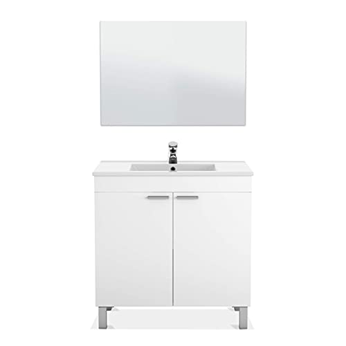 Habitdesign Mueble de Baño con 2 Puertas y Espejo, Modulo Baño, Modelo LC, Acabado en Blanco Brillo, Medidas: 80 cm (Ancho) x 80 cm (Alto) x 45 cm (Fondo)