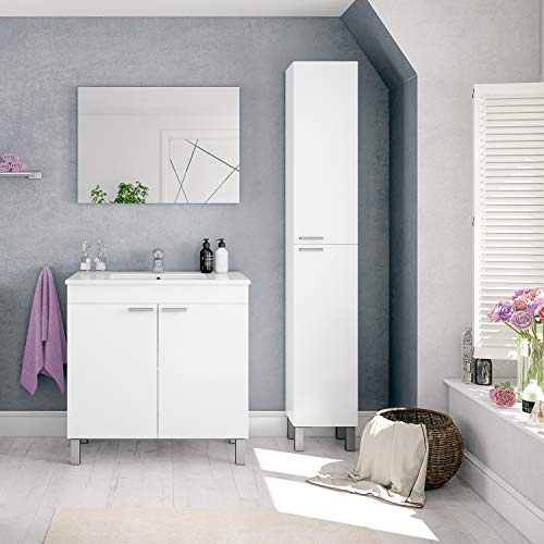 Habitdesign Mueble de Baño con 2 Puertas y Espejo, Modulo Baño, Modelo LC, Acabado en Blanco Brillo, Medidas: 80 cm (Ancho) x 80 cm (Alto) x 45 cm (Fondo)
