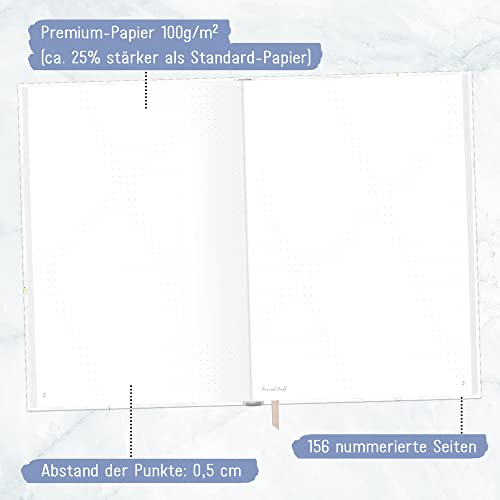 Häfft Bullet Journal Dotted A5 con banda elástica [mármol blanco] 156 páginas | cuaderno punteado, diario | sostenible y respetuoso con el medio ambiente