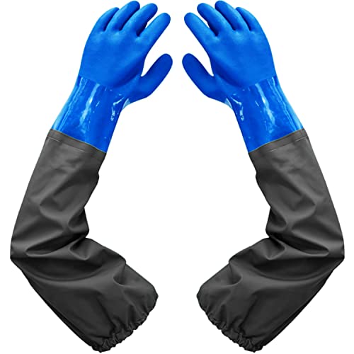 Haiou Guantes de estanque, guantes largos de PVC de goma impermeables con codo de longitud, guantes de acuario, 25 pulgadas, color Azul, 65cm