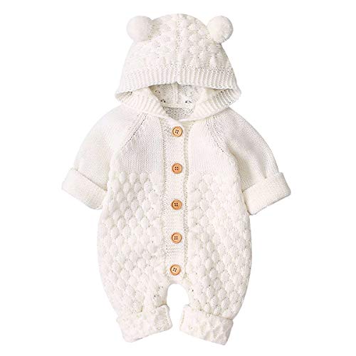 Haokaini Mono de Mameluco de Punto con Capucha de Oreja de bebé recién Nacido Mono para niños niñas (3-6 Mes, Blanco)