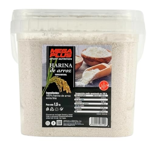 Harina de Arroz Mega Plus, Harina Arroz, Ideal para batidos, Reposteria, Nutrición Completa y Sin Gluten, con Aporte de Carbohidratos. Ideal para Celiacos." 1,5 kg 100% harina de arroz extra fina.
