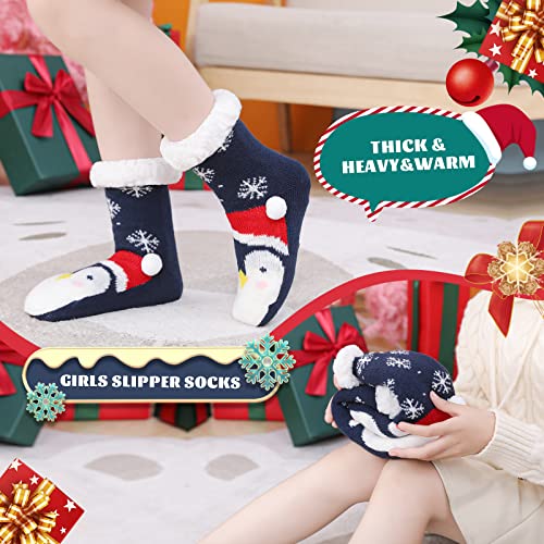 HERYEBING Calcetines Antideslizantes para Niños,Calcetines Pantuflas de Casa para Invierno Navidad Niño Niña,Calcetines Gruesos de Piso con Forro Polar y Suela de Goma Pinguino Azul Marino 8-12 Ans