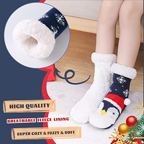 HERYEBING Calcetines Antideslizantes para Niños,Calcetines Pantuflas de Casa para Invierno Navidad Niño Niña,Calcetines Gruesos de Piso con Forro Polar y Suela de Goma Pinguino Azul Marino 8-12 Ans