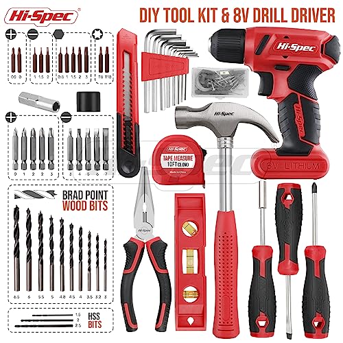 Hi-Spec Juego de Herramientas con Destornillador Electrico/Taladro 8V. 57 Piezas. Maletin de Herramientas de uso Múltiple para Bricolaje, Reparacion y Mantenimiento Hogar. Con Estuche de Transporte