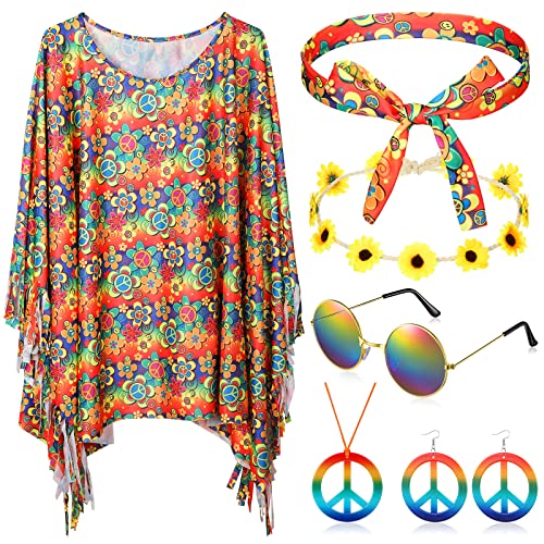 Hicarer 6 Piezas Set de Accesorios de Disfraz de Hippie de Los Años 60 y 70 Poncho Collar y Pendientes de Signo Paz Cinta de Cabeza de Hippie Diadema de Flor Gafas de Sol para Fiesta Mujer (Flor)