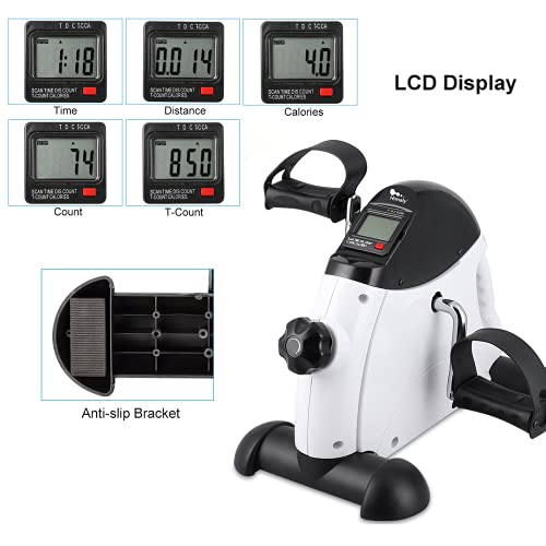 himaly Pedales Estaticos con Pantalla LCD, Mini Bicicleta Estática, Pedales Portátiles con Resistencia, con Reposabrazos, para Entrenamiento de Brazos y Piernas, Hacer Ejercicio en Casa (Blanco)
