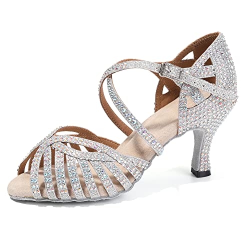 HIPPOSEUS Zapatos de Baile Latino Plateados para Mujer con Pedrería Brillantes Moderna Salsa y Bachata Zapatos de Baile de Salón Tacon 7.5 cm,Modelo L380,EU 40