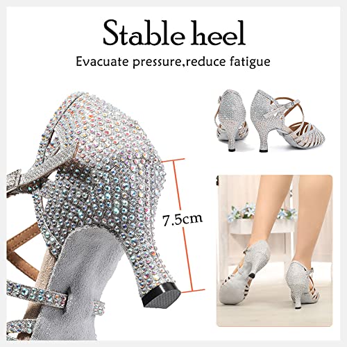 HIPPOSEUS Zapatos de Baile Latino Plateados para Mujer con Pedrería Brillantes Moderna Salsa y Bachata Zapatos de Baile de Salón Tacon 7.5 cm,Modelo L380,EU 40
