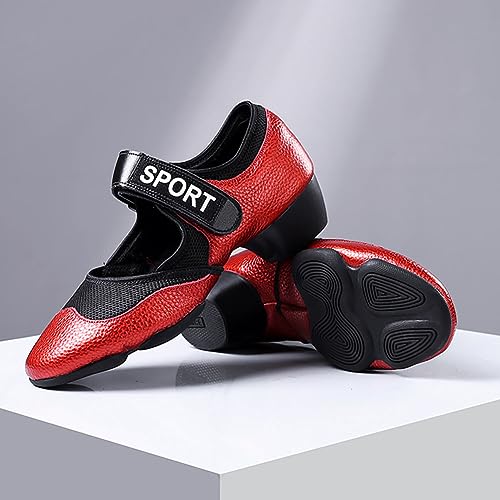HIPPOSEUS Zapatos de Baile Latino Salsa y Bachata Mujer Entrenamiento Cerrados Zapatillas Sneakers Baile tacón bajo 4 cm Rojo,Modelo 19-3,EU 39