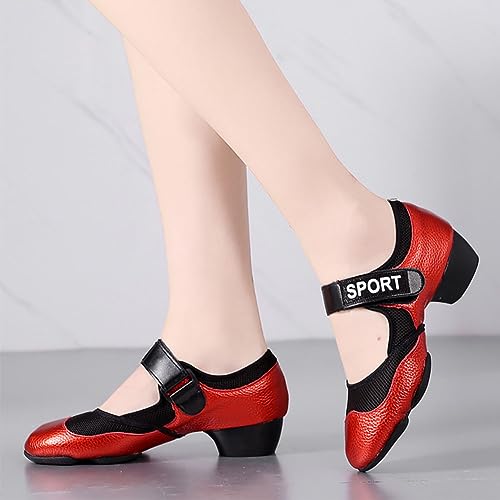 HIPPOSEUS Zapatos de Baile Latino Salsa y Bachata Mujer Entrenamiento Cerrados Zapatillas Sneakers Baile tacón bajo 4 cm Rojo,Modelo 19-3,EU 39