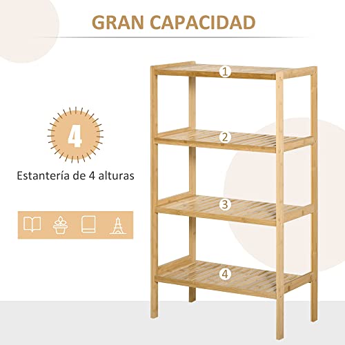 HOMCOM Estantería de Bambú de 4 Niveles Mueble Organizador Multifuncional para Baño Cocina Salón con Dispositivo Antivuelco 62x33x112 cm Natural