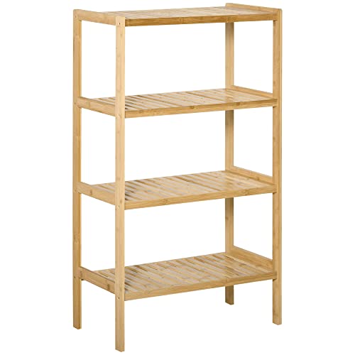 HOMCOM Estantería de Bambú de 4 Niveles Mueble Organizador Multifuncional para Baño Cocina Salón con Dispositivo Antivuelco 62x33x112 cm Natural