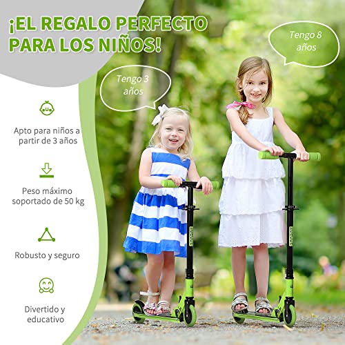 HOMCOM Patinete para Niños de +3 Años Plegable 67,7x34x79,5-89,5 cm Scooter de 2 Ruedas con Manillar Altura Ajustable Freno Posterior y Pedal Antideslizante Carga 50 kg Verde