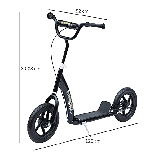 HOMCOM Patinete para Niños de 5-12 Años Scooter de 2 Ruedas Grandes de 12 Pulgadas con Freno y Manillar Ajustable en Altura Carga Máx. 50 kg 120x52x80-88 cm Negro