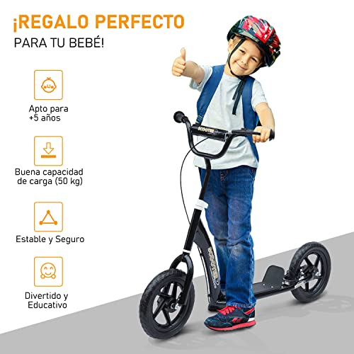 HOMCOM Patinete para Niños de 5-12 Años Scooter de 2 Ruedas Grandes de 12 Pulgadas con Freno y Manillar Ajustable en Altura Carga Máx. 50 kg 120x52x80-88 cm Negro