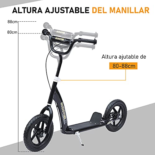 HOMCOM Patinete para Niños de 5-12 Años Scooter de 2 Ruedas Grandes de 12 Pulgadas con Freno y Manillar Ajustable en Altura Carga Máx. 50 kg 120x52x80-88 cm Negro