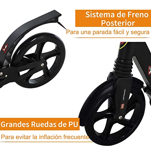 HOMCOM Patinete Plegable Scooter con Manillar Altura Ajustable Patinete Ligero para Adultos y Niños (más de 14 años) Tipo Monopatín con Freno Grandes Ruedas Ø200 mm Aluminio Carga 100kg