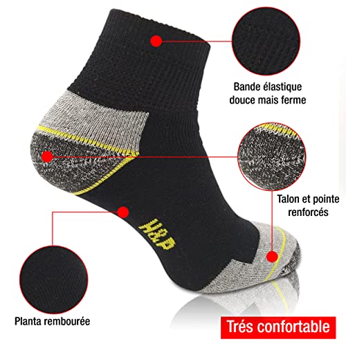 Home & Pets Calcetines de Trabajo hombre cortos Reforzados de algodón peinado. Talón y Punta para Botas Seguridad (43-46) Pack 6