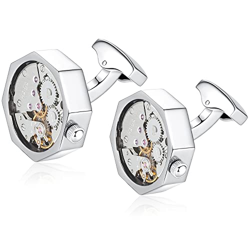 HONEY BEAR Gemelos Reloj relojería Mecanismo Steampunk de relojería para Hombre Camisa Octágono, Acero Inoxidable Regalo de Boda de Negocios con Caja (Plata)