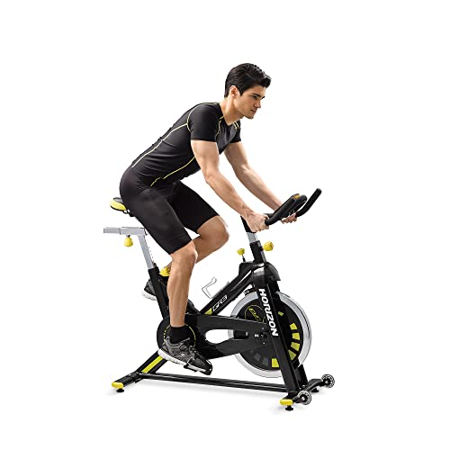 Horizon Fitness GR3 - Bicicleta Ciclo Indoor - 124x49x116cm - Volante de inercia 22kg - Freno de Fricción - Ruedas de Transporte - Color Negro y Amarillo