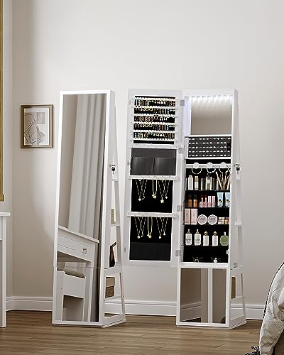 Hzuaneri Armario Joyero 16 LEDs, 160cm Organizador de Pie para Joyas con Base Giratoria de 360°, Espejo de Cuerpo Completo con Cerradura, Grandes Estantes de Almacenaje de 4 Niveles, Blanco JC16003B