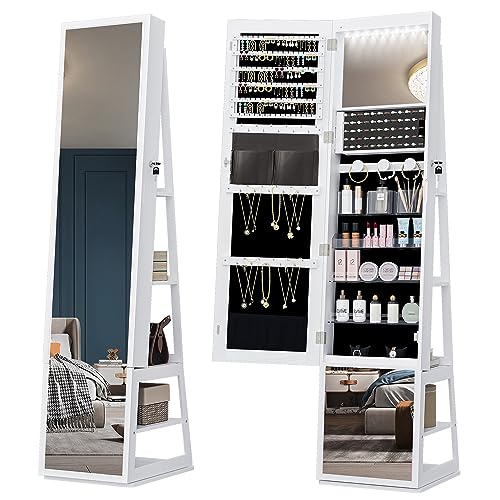Hzuaneri Armario Joyero 16 LEDs, 160cm Organizador de Pie para Joyas con Base Giratoria de 360°, Espejo de Cuerpo Completo con Cerradura, Grandes Estantes de Almacenaje de 4 Niveles, Blanco JC16003B