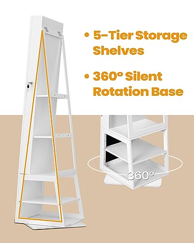 Hzuaneri Armario Joyero 16 LEDs, 160cm Organizador de Pie para Joyas con Base Giratoria de 360°, Espejo de Cuerpo Completo con Cerradura, Grandes Estantes de Almacenaje de 4 Niveles, Blanco JC16003B