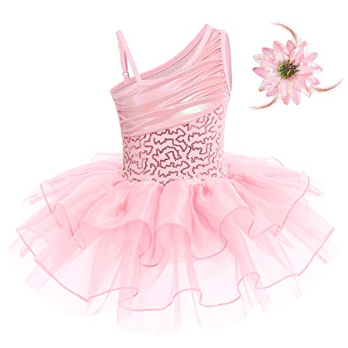 IBTOM CASTLE Maillot de Danza Disfraz Bailarina lentejuelas Tutu Faldas Vestido de Ballet para Niñas Dobladillo a Capas Maillot Gimnasia Ritmica Niña Broche con Flor, Tocado con Flor Rosa 5-6 años