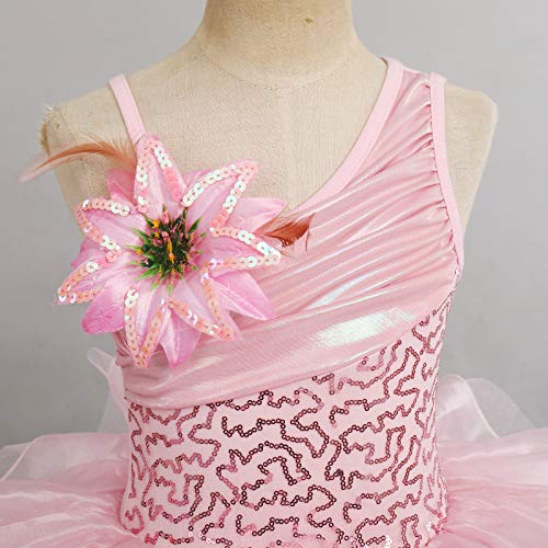 IBTOM CASTLE Maillot de Danza Disfraz Bailarina lentejuelas Tutu Faldas Vestido de Ballet para Niñas Dobladillo a Capas Maillot Gimnasia Ritmica Niña Broche con Flor, Tocado con Flor Rosa 5-6 años