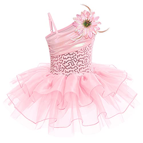 IBTOM CASTLE Maillot de Danza Disfraz Bailarina lentejuelas Tutu Faldas Vestido de Ballet para Niñas Dobladillo a Capas Maillot Gimnasia Ritmica Niña Broche con Flor, Tocado con Flor Rosa 5-6 años