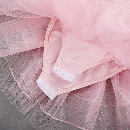IBTOM CASTLE Maillot de Danza Disfraz Bailarina lentejuelas Tutu Faldas Vestido de Ballet para Niñas Dobladillo a Capas Maillot Gimnasia Ritmica Niña Broche con Flor, Tocado con Flor Rosa 5-6 años