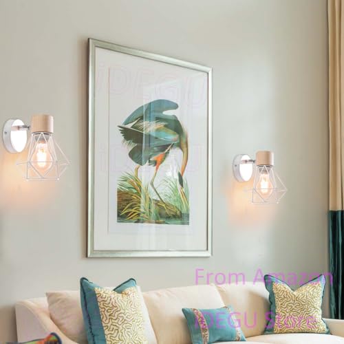 iDEGU 2 Piezas Lámpara de Pared Vintage 16CM Aplique Pared Interior de Madera Metal Industrial Diseño Jaula Luz de Pared Ajustable Retro Iluminación E27 para Dormitorio Pasillo Cocina (Tipo-B Blanco)